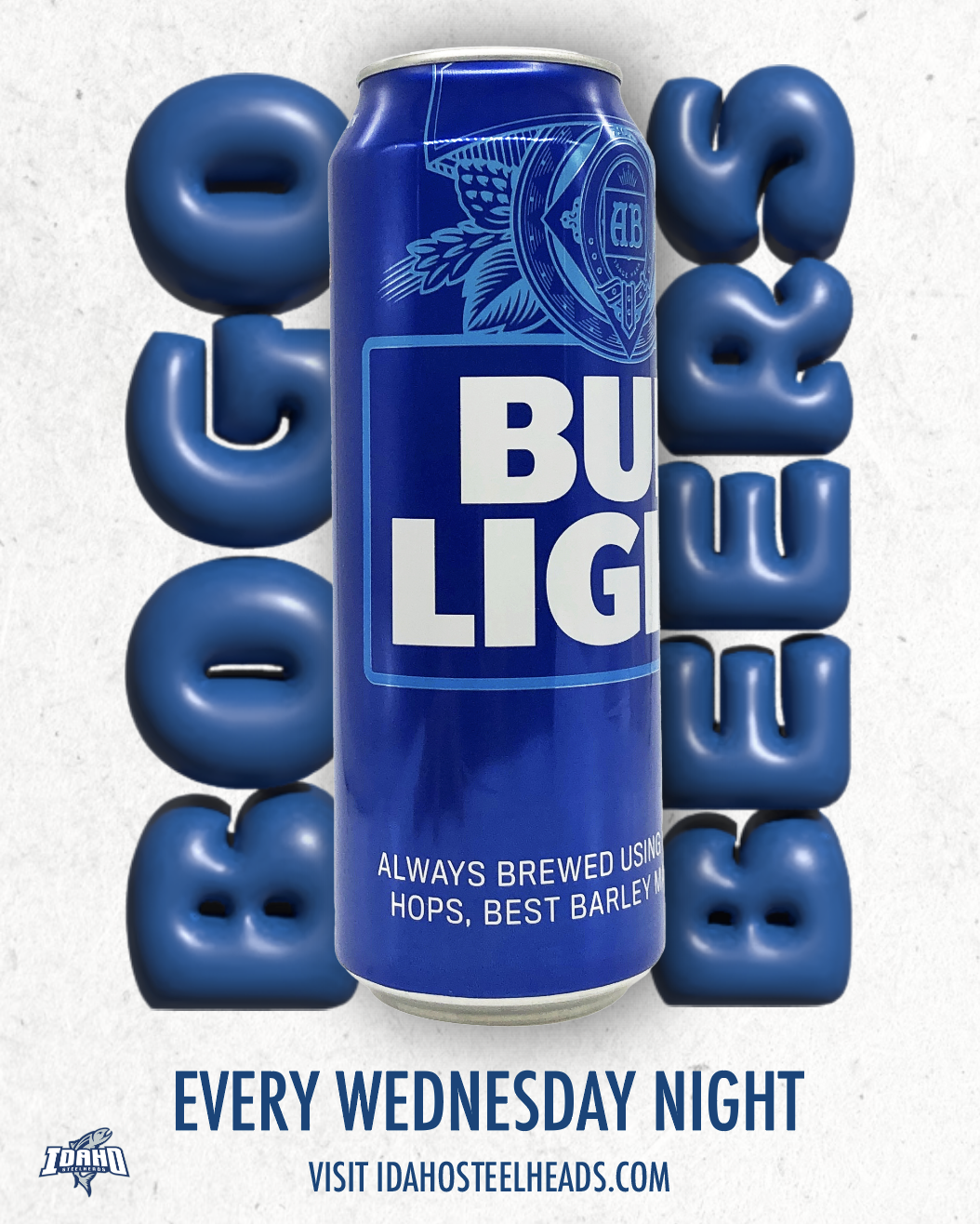 design with puffy letters that says bogo beers with a beer can in the middle and bogo beers vertically oriented on the sides of the can