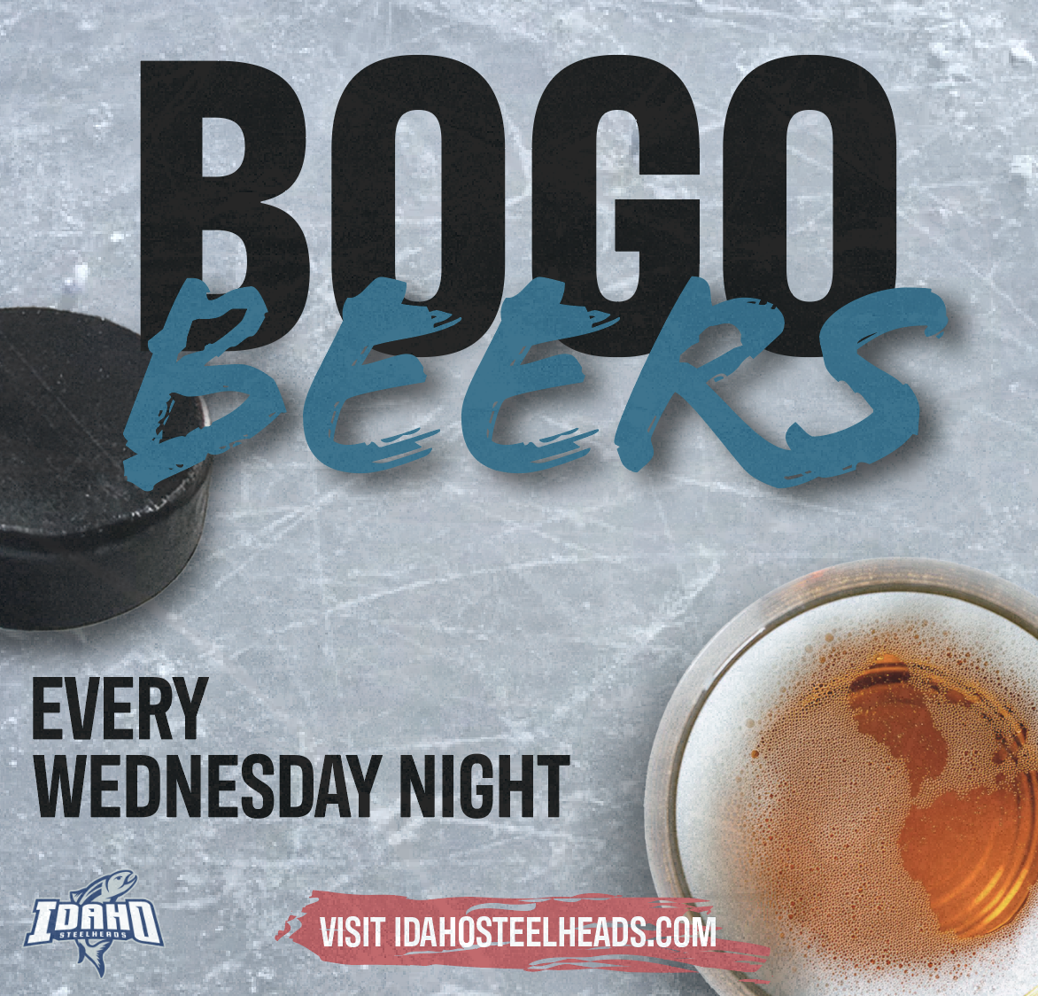 bogo beer composition with large black and blue type with the text in the bottom left corner saying: every wednesday night all on ice with a beer and puck in each corner