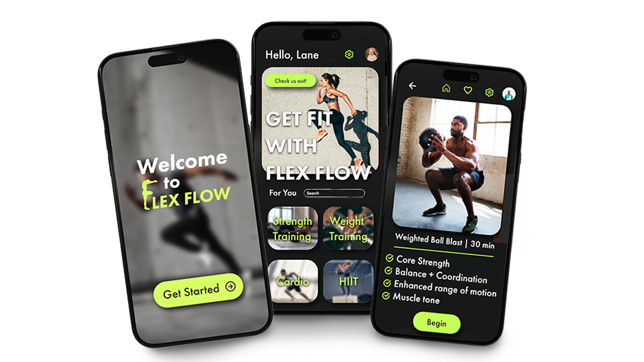 flex flow phone mockups where the first one features a blurred photo of someone running with white and green text that says welcome to flex flow with a green get started button; the next phone is a home screen with a search, profile and workout options and the third is a weighted ball blast preview with a check list underneath