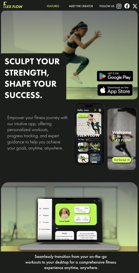 marketing minisite created for flex flow with a heading that has buttons to the app store and the heading text on the left side says sculpt your strength shape your success