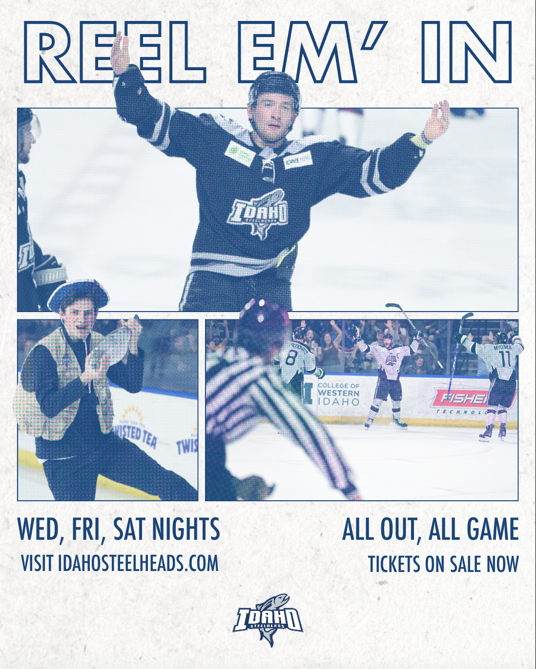 reel em' in outlined text header with 3 grid photos of hockey player raising hands outside border, mascot holding fish beneath that and next to the mascot 2 players and a ref all tinted blue with a halftone