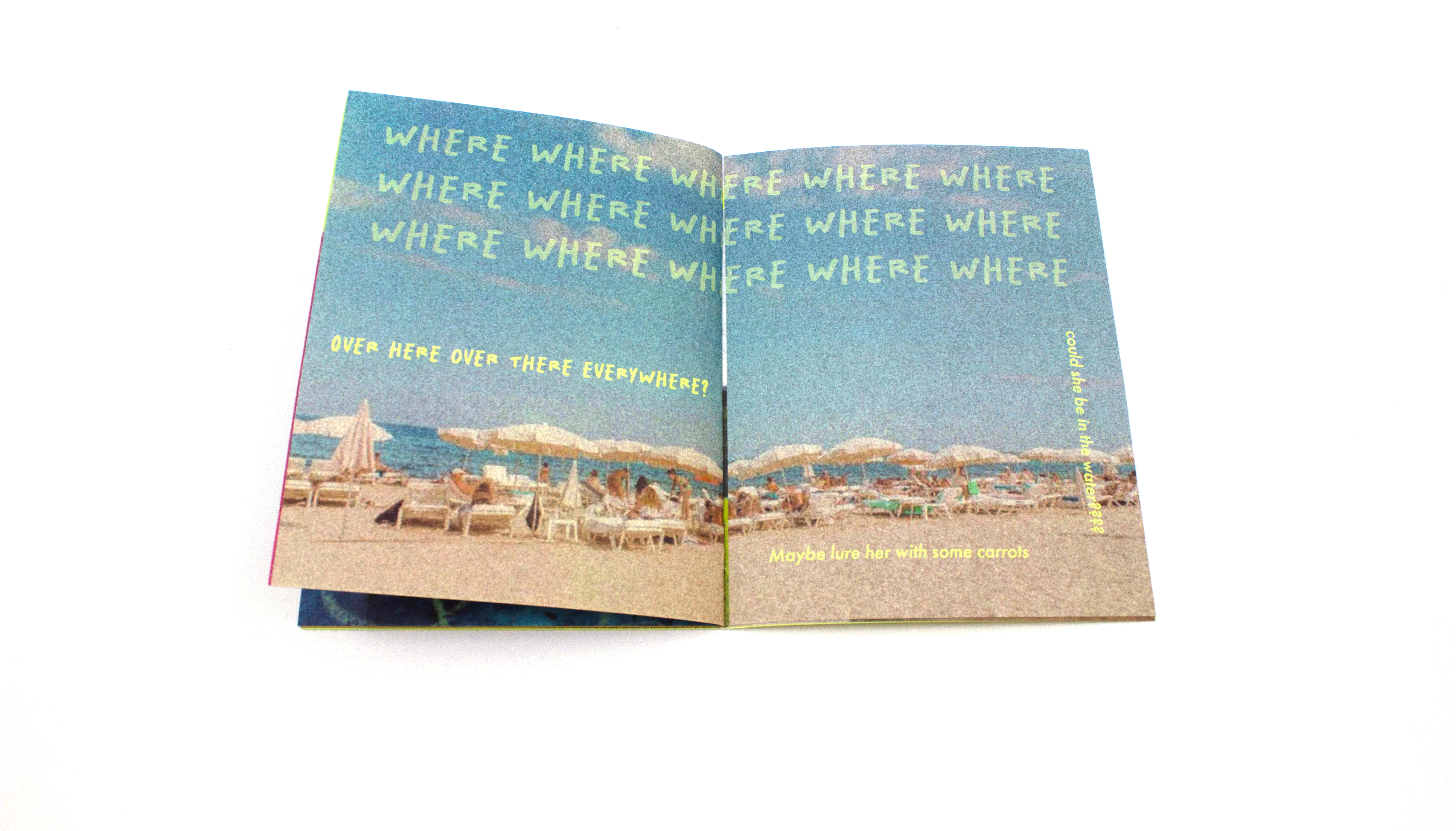 grainy beach scene with yellow handwritten type saying where repeated across the page