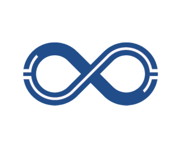 large blue infinity sign on a white background with negative space that has the dollar sign inside