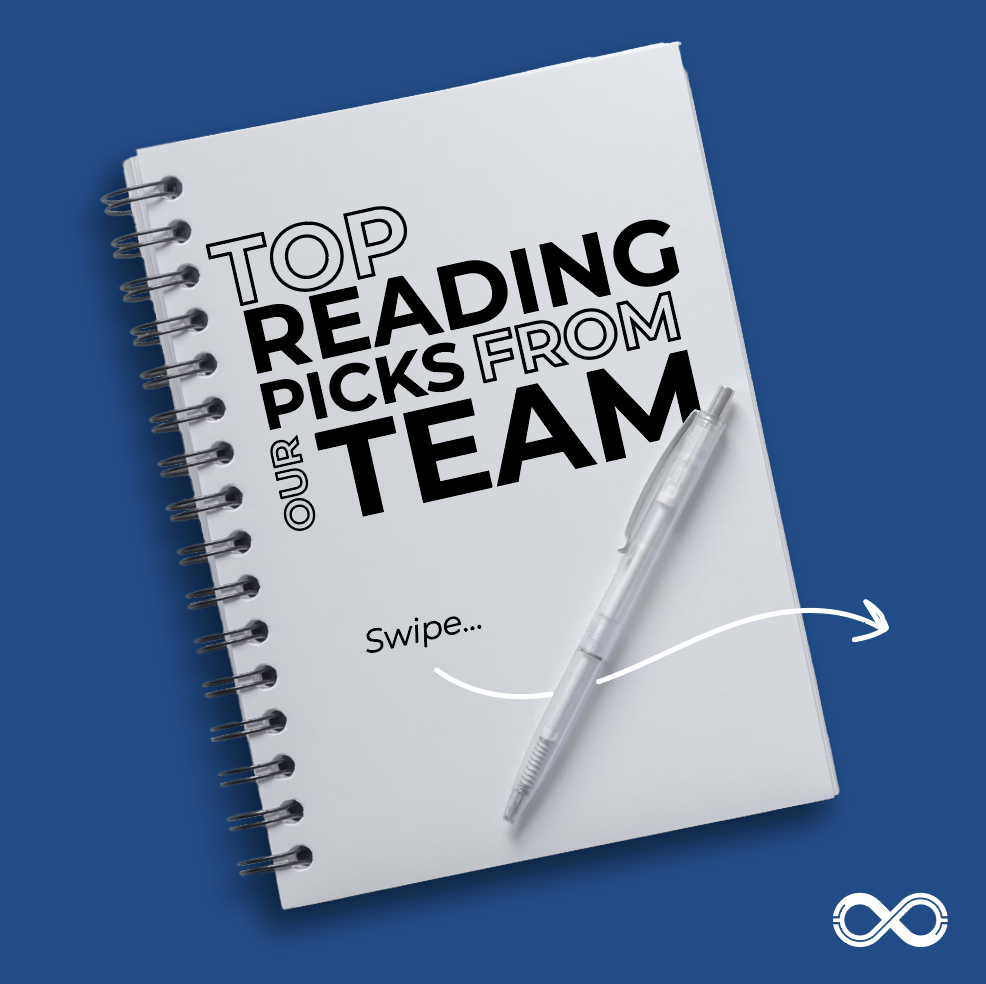 social media post carousel cover that says top reading picks from our team on a notebook on a blue background and a pen overlapping the text