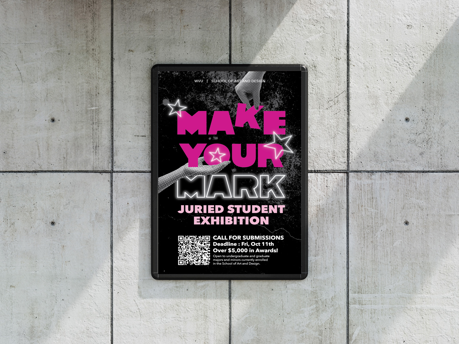 mockup of dark poster with bold pink type that says make your mark with bright, neon stars