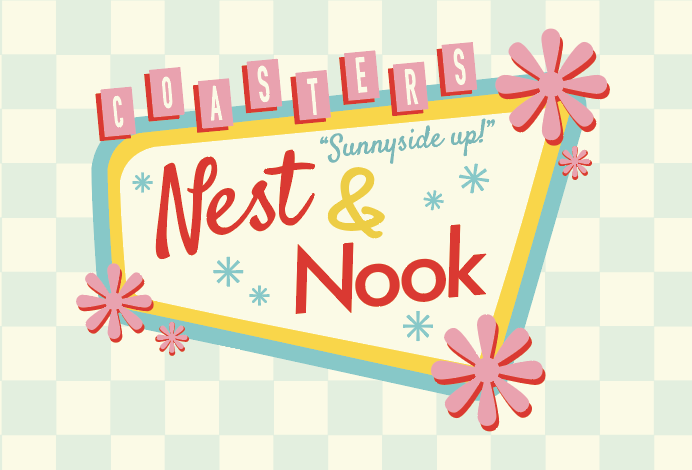 50s diner style sign on checkered background that says nest & nook