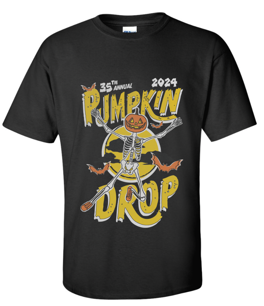 cropped image of a shirt that has 35th annual pumpkin drop on it and a skydiving skeleton in front of a yellow foggy moon with bats