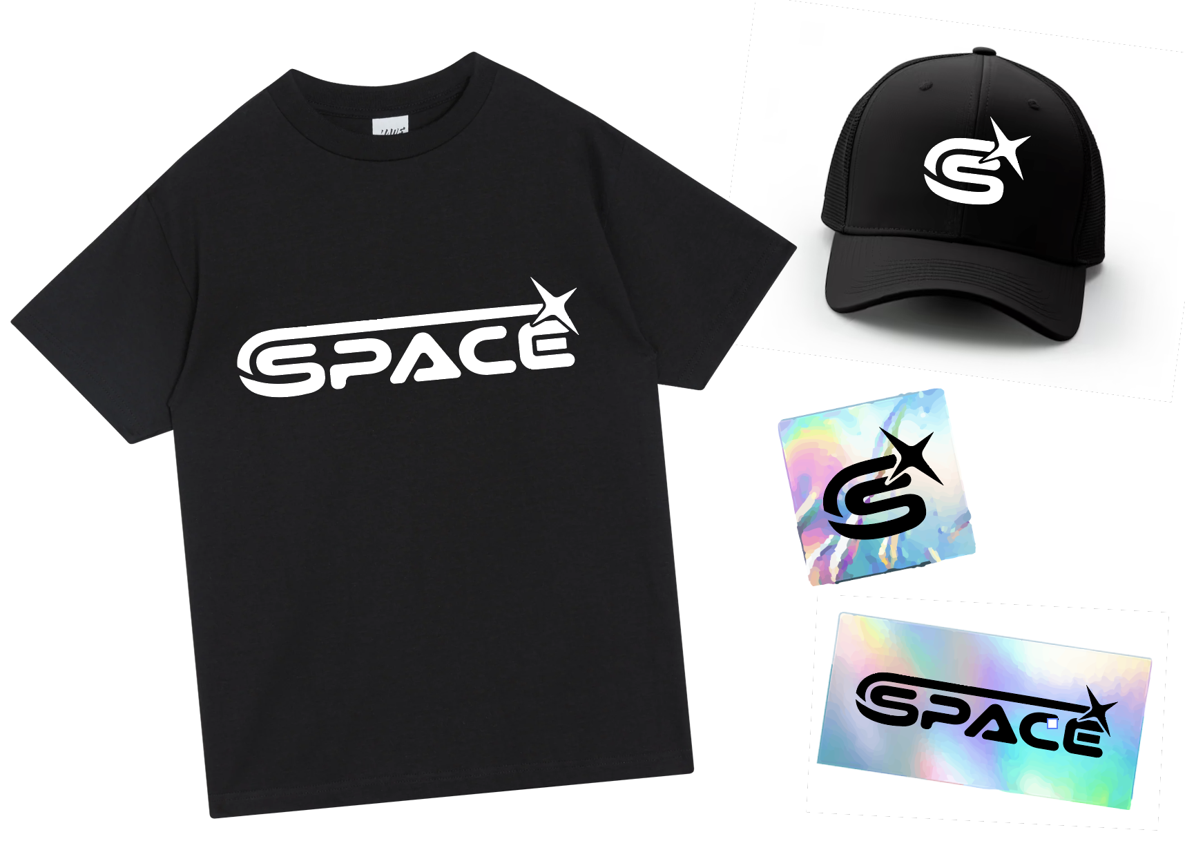 mockup set of logo featured in white on a black tshirt and hat with holographic stickers in the bottom right corner